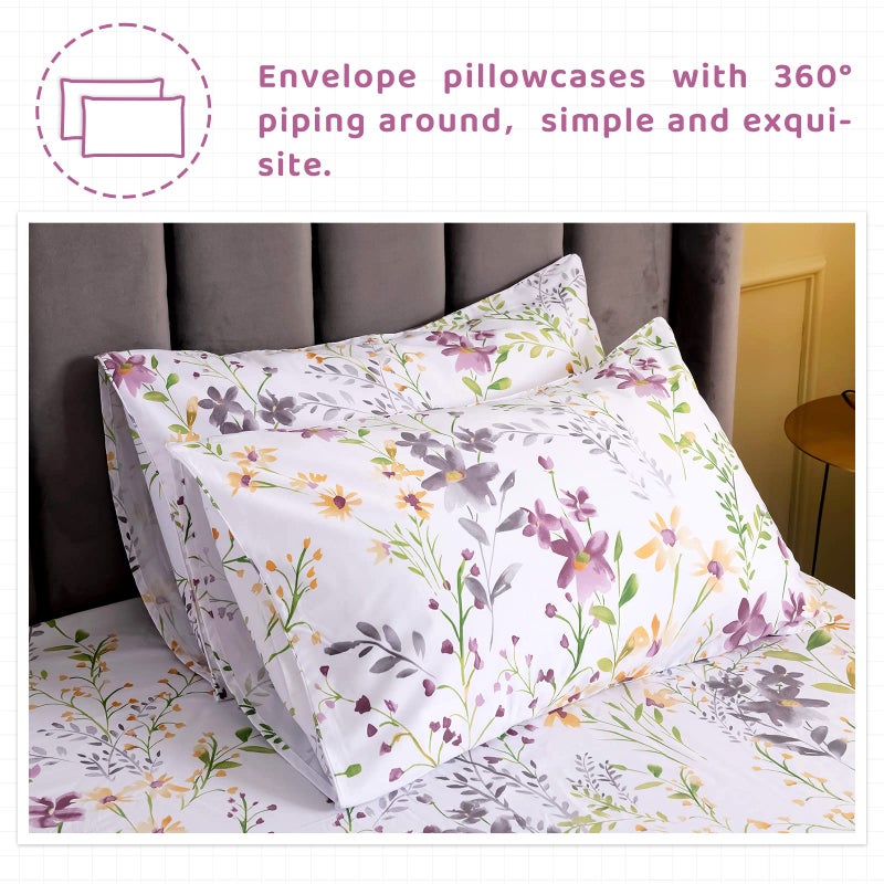 QSH Floral Queen Size Sheet Sets - Yellow Wild Flower Botanical Pattern Egyptian Cotton Printed Bedding Sheets Set Queen Size Bed Extra Breathable 4pcs Queen Sheet Set Deep Pocket 17.5" - Image 4